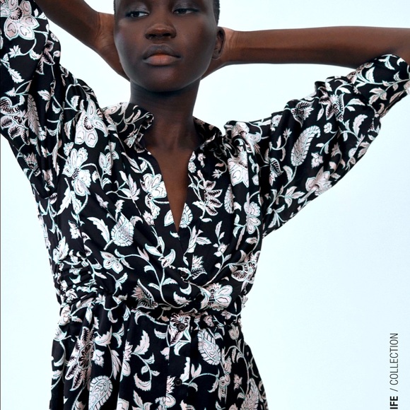 ZARA BLACK FLORAL SHIRT DRESS SIZE XS - Picture 2 of 5